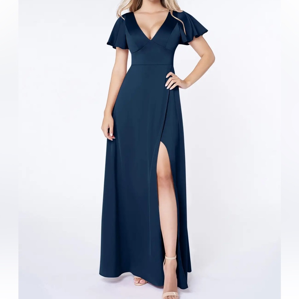 Azazie Dark Navy Satin Maxi Dress